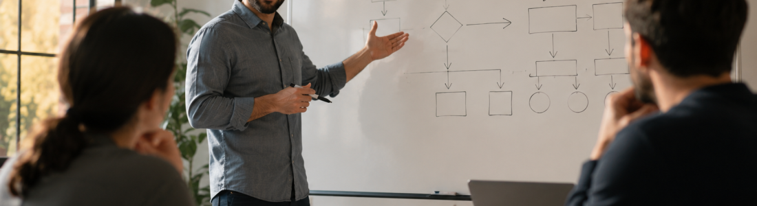 Man presenting a flowchart on a whiteboard as two teammates listen in a bright conference room