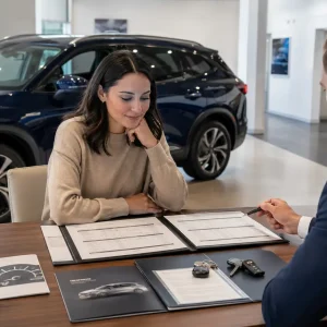 Woman customer reviews car documents with a salesman at a showroom desk, a blue SUV in the background.