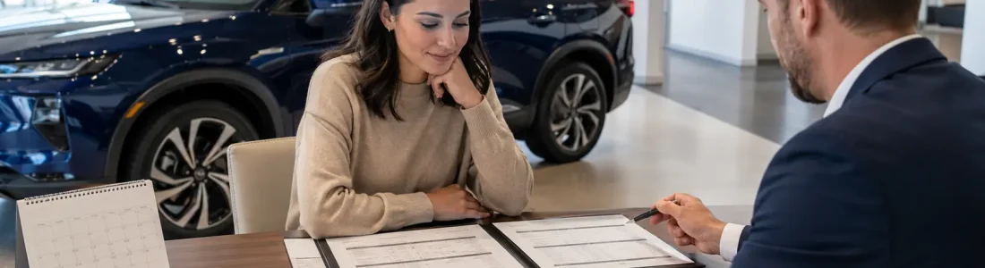Woman customer reviews car documents with a salesman at a showroom desk, a blue SUV in the background.