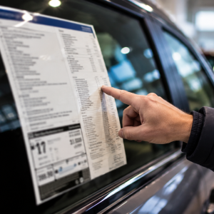 Person in a dark jacket points at a price sheet stuck to a car window in a showroom, inspecting the vehicle's details.