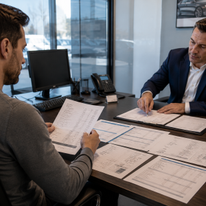 Buyer negotiating a new car price while reviewing a printed dealer pricing document across the desk from a salesperson at a dealership office.