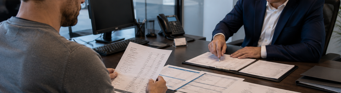 Buyer negotiating a new car price while reviewing a printed dealer pricing document across the desk from a salesperson at a dealership office.