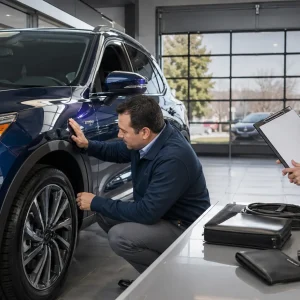 Mechanic inspecting the front left wheel of a blue SUV while a salesperson with a clipboard stands by in a showroom.