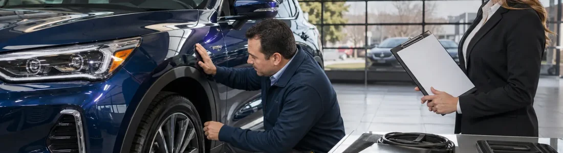 Mechanic inspecting the front left wheel of a blue SUV while a salesperson with a clipboard stands by in a showroom.