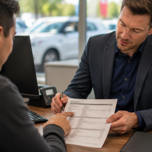 Two professionals review a printed form together at a desk in a bright office, one holding a pen over the document.
