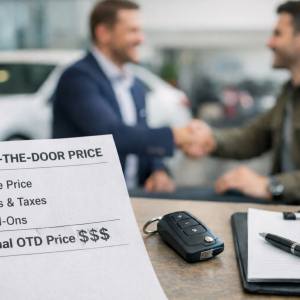 Car buyer reviewing an out-the-door price quote at a dealership