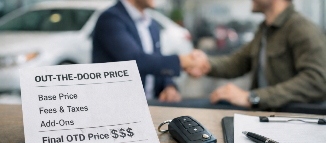 Car buyer reviewing an out-the-door price quote at a dealership