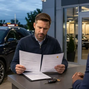 Two men at a car dealership desk reviewing documents, with a dark blue SUV in the background.