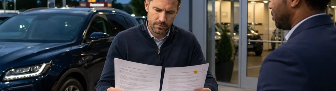 Two men at a car dealership desk reviewing documents, with a dark blue SUV in the background.