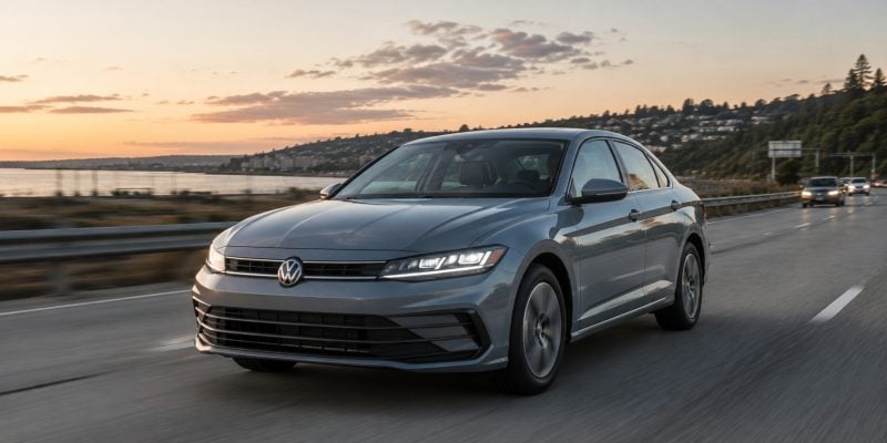 Gray 2026 Volkswagen Jetta sedan driving along a coastal highway at sunset with a hillside town and ocean in the background
