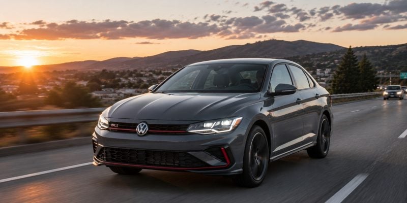 Gray 2026 Volkswagen Jetta GLI sedan with GLI grille badge driving on a highway at sunset with mountains in the background