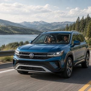 A blue 2026 Volkswagen Taos SUV drives along a mountain lake road with a smiling family visible inside, pine trees and mountains in the background.