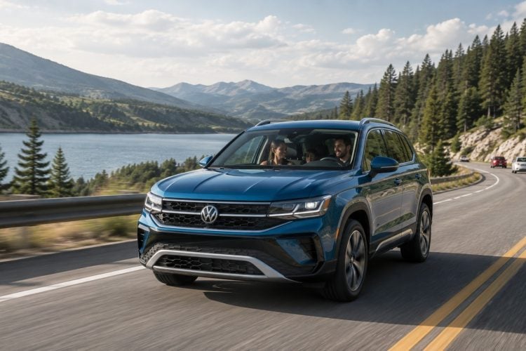 A blue 2026 Volkswagen Taos SUV drives along a mountain lake road with a smiling family visible inside, pine trees and mountains in the background.