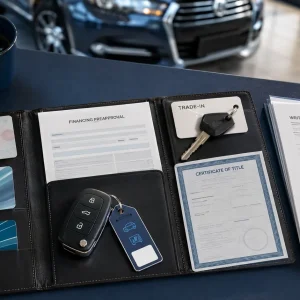 Binder on a dealership desk with license cards, insurance card, title certificate, keys on a tag, and a written quote; car visible in the background.
