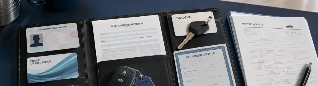 Binder on a dealership desk with license cards, insurance card, title certificate, keys on a tag, and a written quote; car visible in the background.