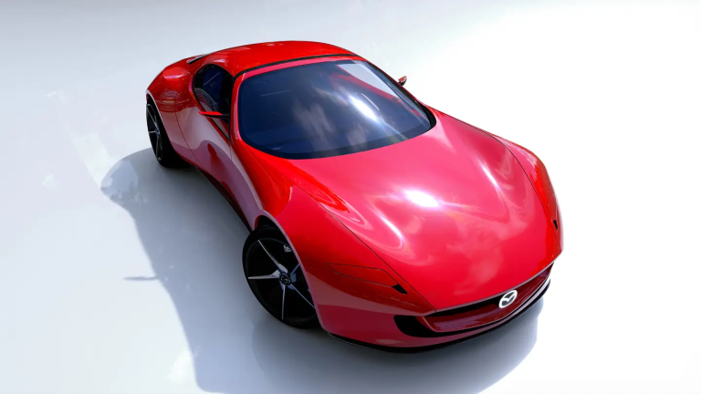 The Mazda Iconic SP Concept is a rotary hybrid sports car with beautiful pop-up headlights