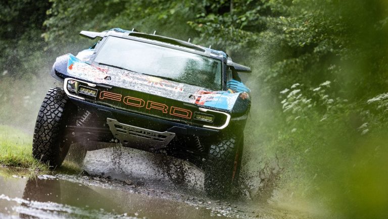 The massive Ford Raptor T1+, powered by a V8 engine, is a Dakar contender